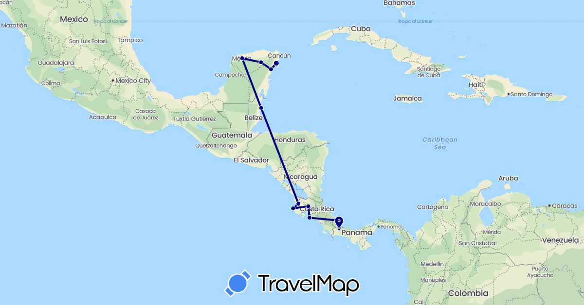TravelMap itinerary: driving in Belize, Costa Rica, Mexico, Panama (North America)
